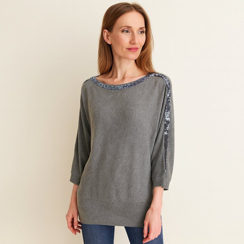Talbots Grey Sequin Boatneck Sweater Sparkle Elegant Knit Tunic Top Size M